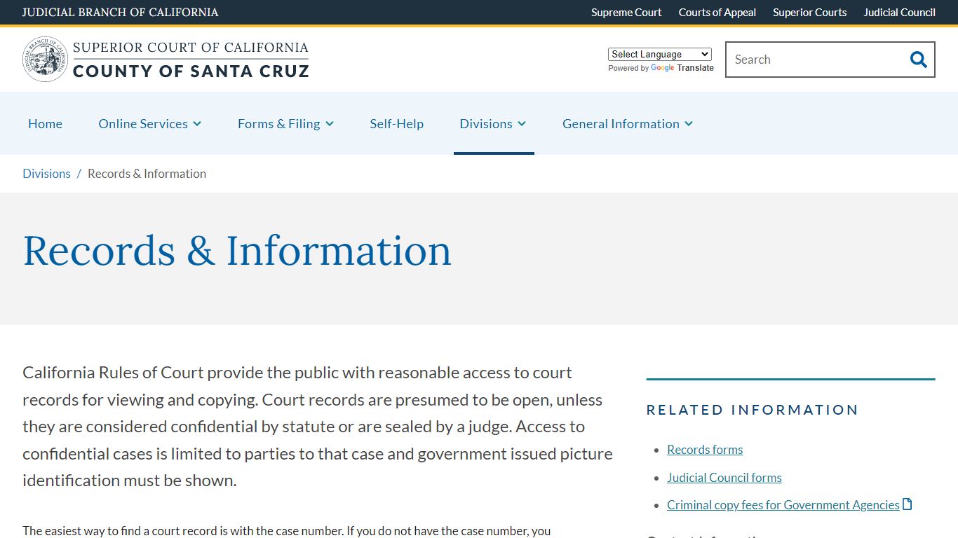 Records & Information | Superior Court of California | County of Santa Cruz